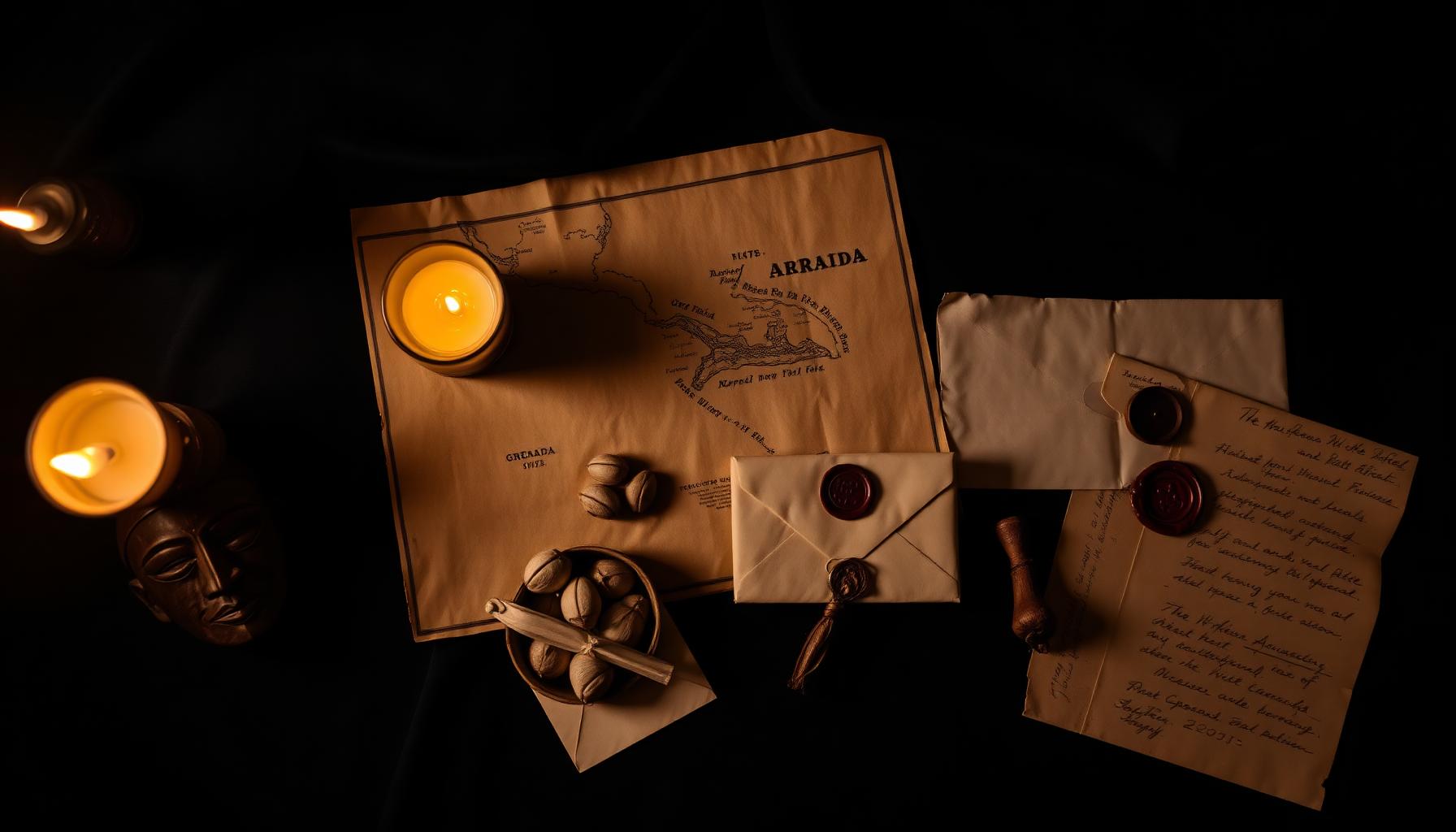 A West African mask, an old map of Grenada, sealed letters, nutmeg and candlelight
