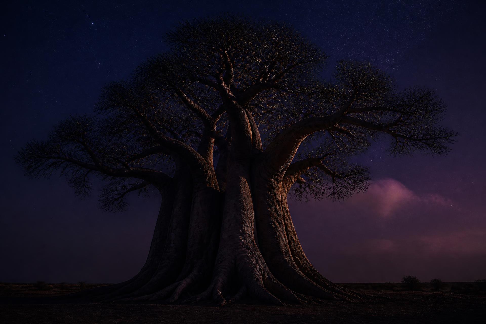 An ancient baobab beneath a night sky